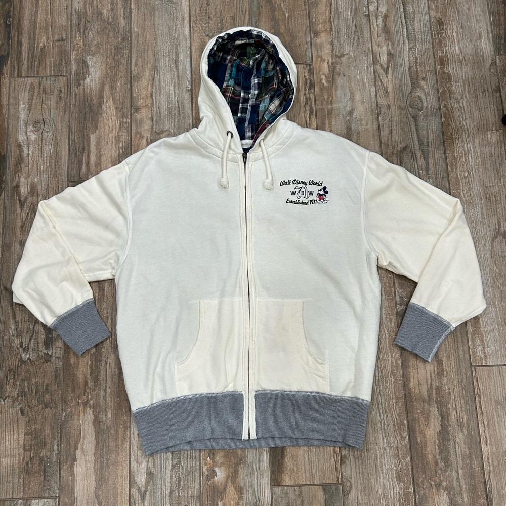 Unisex Sz L Walt Disney World Cream & Gray Zip-Up Hoodie Jacket Embroidered